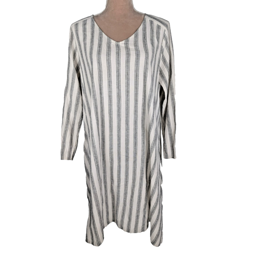 Eileen Fisher Linen Blend Tunic Dress White Gray Striped Size L Beachy Lagenlook